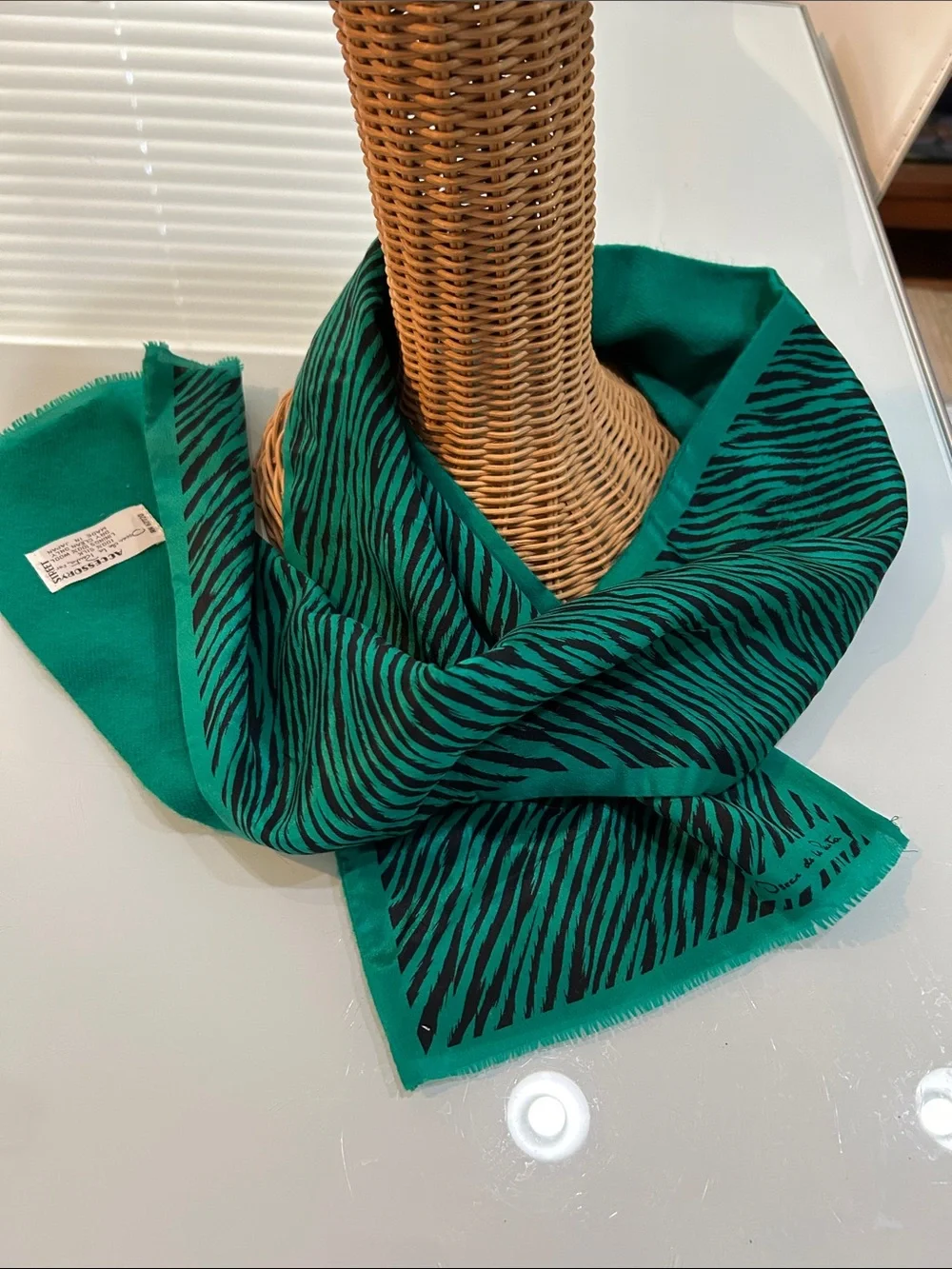 Vintage gorgeous Green and Black Zebra Print Scarf silk wool Oscar De la Rena